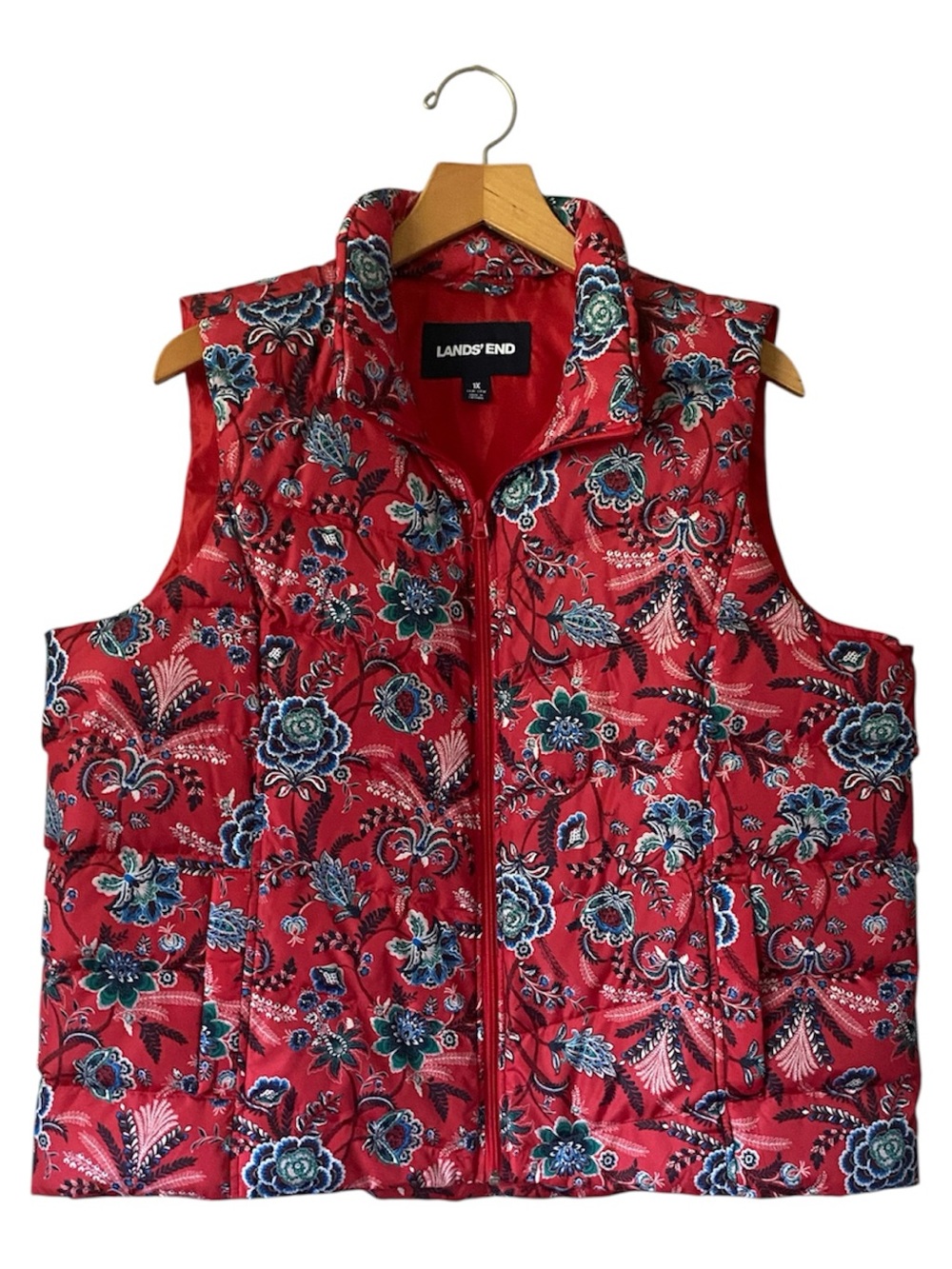 Lands’ End Down Quilted Puffer Full Zip Vest Sz 1X Red Blue Floral Granola Girl